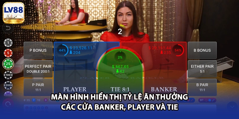 Màn hình hiển thị tỷ lệ ăn thưởng các cửa Banker, Player và Tie 